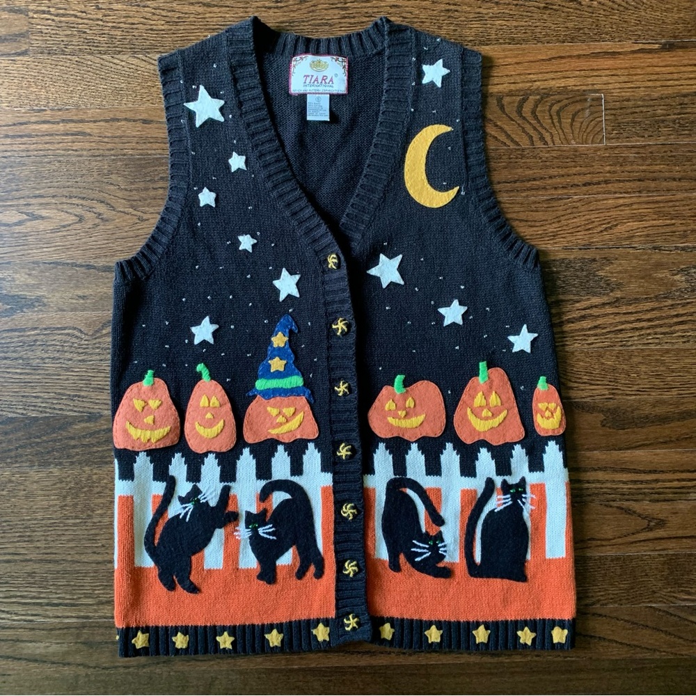 🐈‍⬛ Vintage 90s Halloween Cat & Pumpkin Sweater Vest